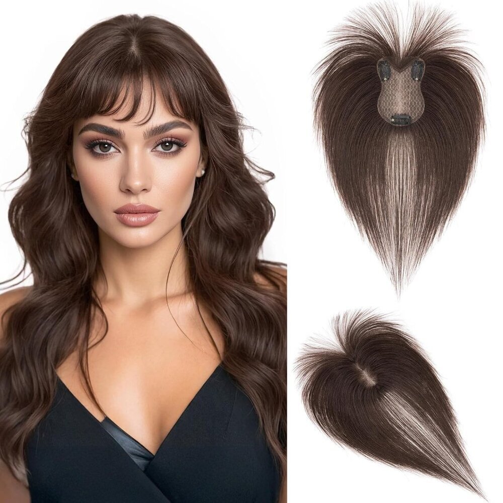 Human Hair Toppers With Air Bangs 11 In., Dark Brown, 3d Coverage, Clip-In